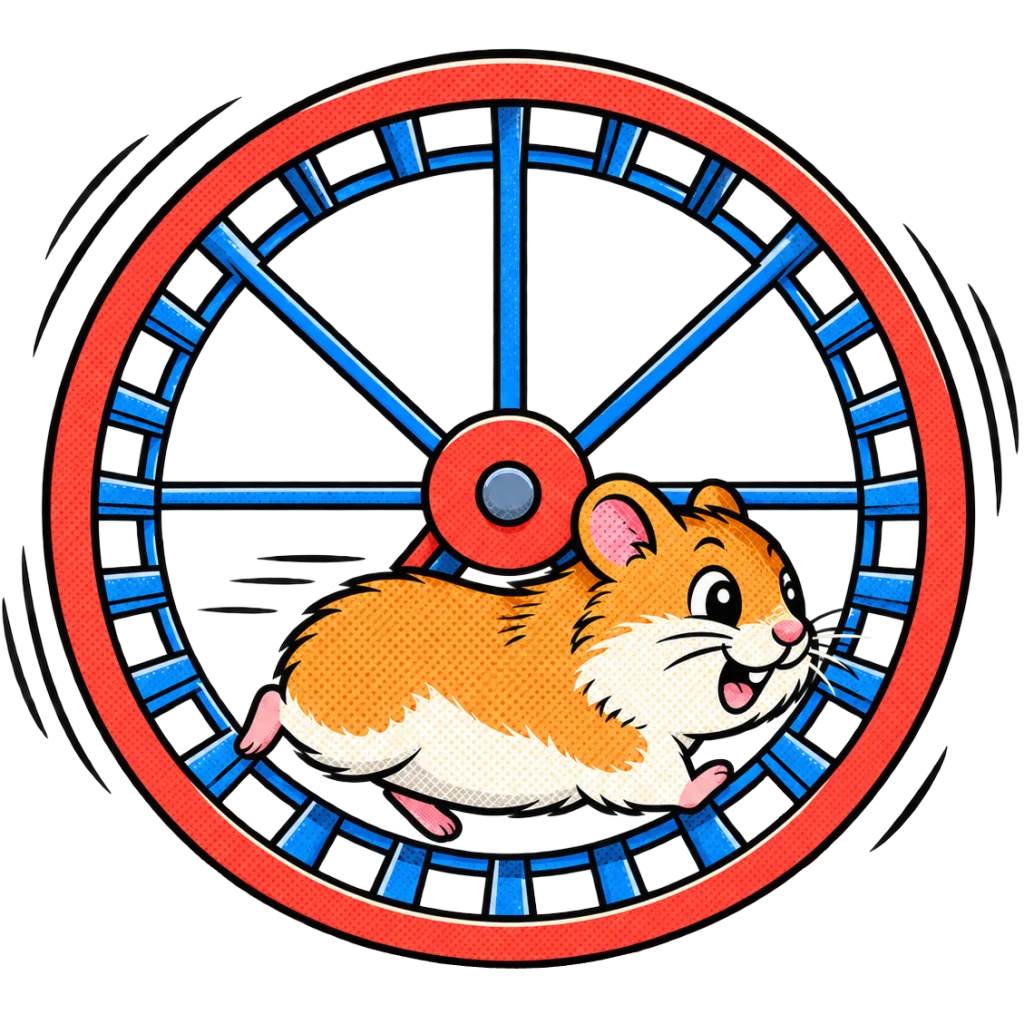 Illustration of a hamster running inside a red and blue exercise wheel